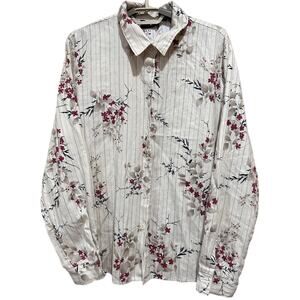 Tapestry Button Up Shirt XL Beige Red Striped Floral Made In USA Cottagecore